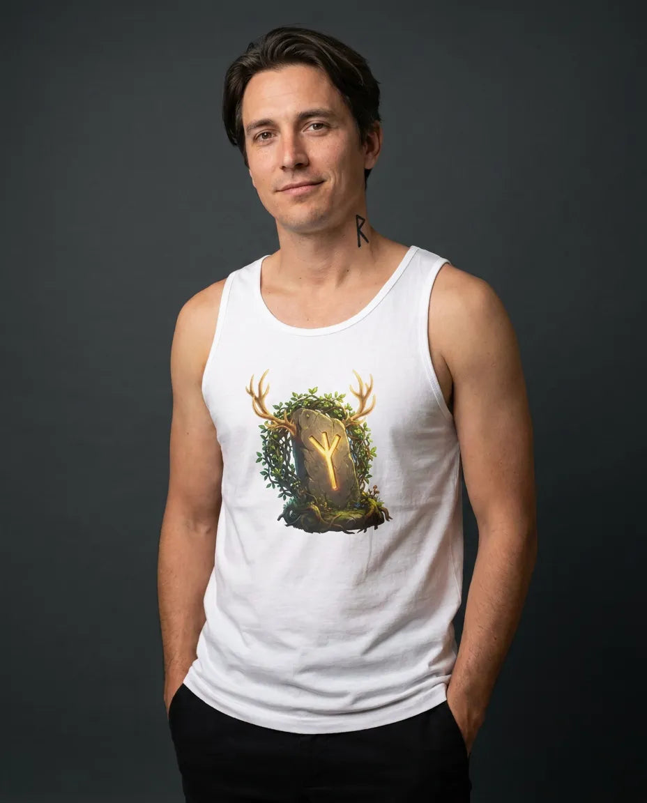 Elhaz Rune Elk Protection Tank Top - Soft Lightweight Jersey Tank - Unisex White