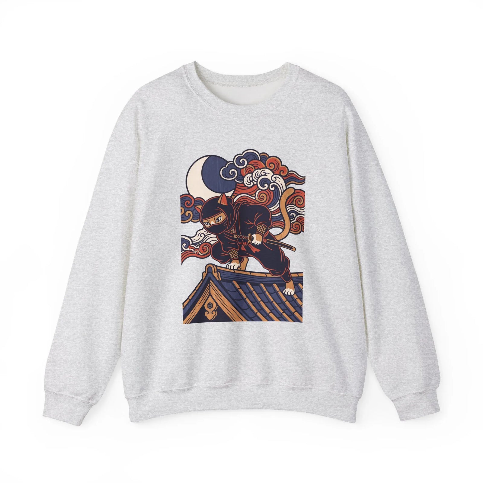 Ninja Cat Ukiyo-e Samurai Sweatshirt - Soft Heavyweight Fleece Crewneck - Unisex White