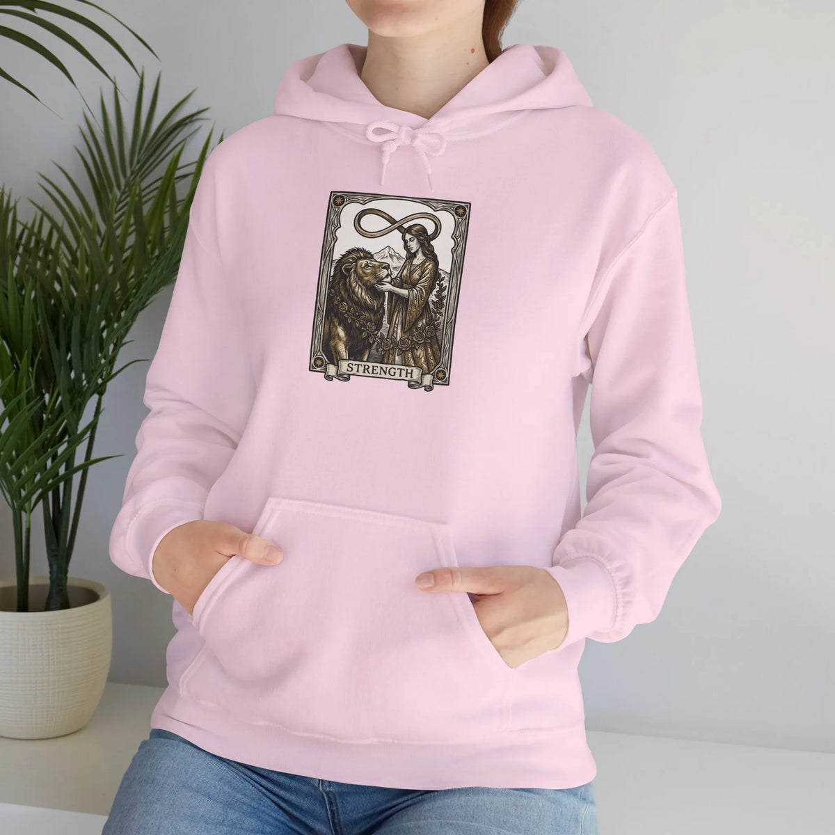Strength Tarot Card Graphic Hoodie - Heavy Blend Fleece Pullover - Unisex White