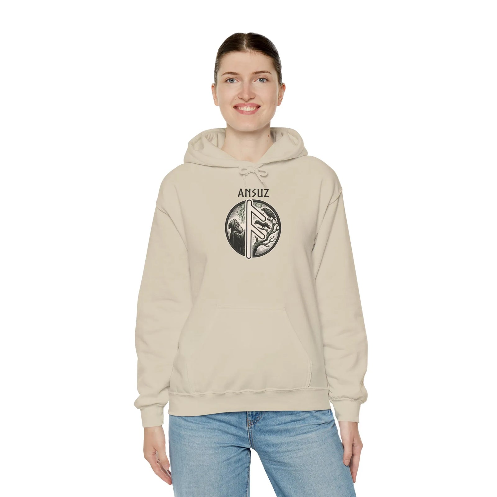 Ansuz Rune Norse Wisdom Graphic Hoodie - Heavy Blend Cotton-Poly Pullover - Unisex White
