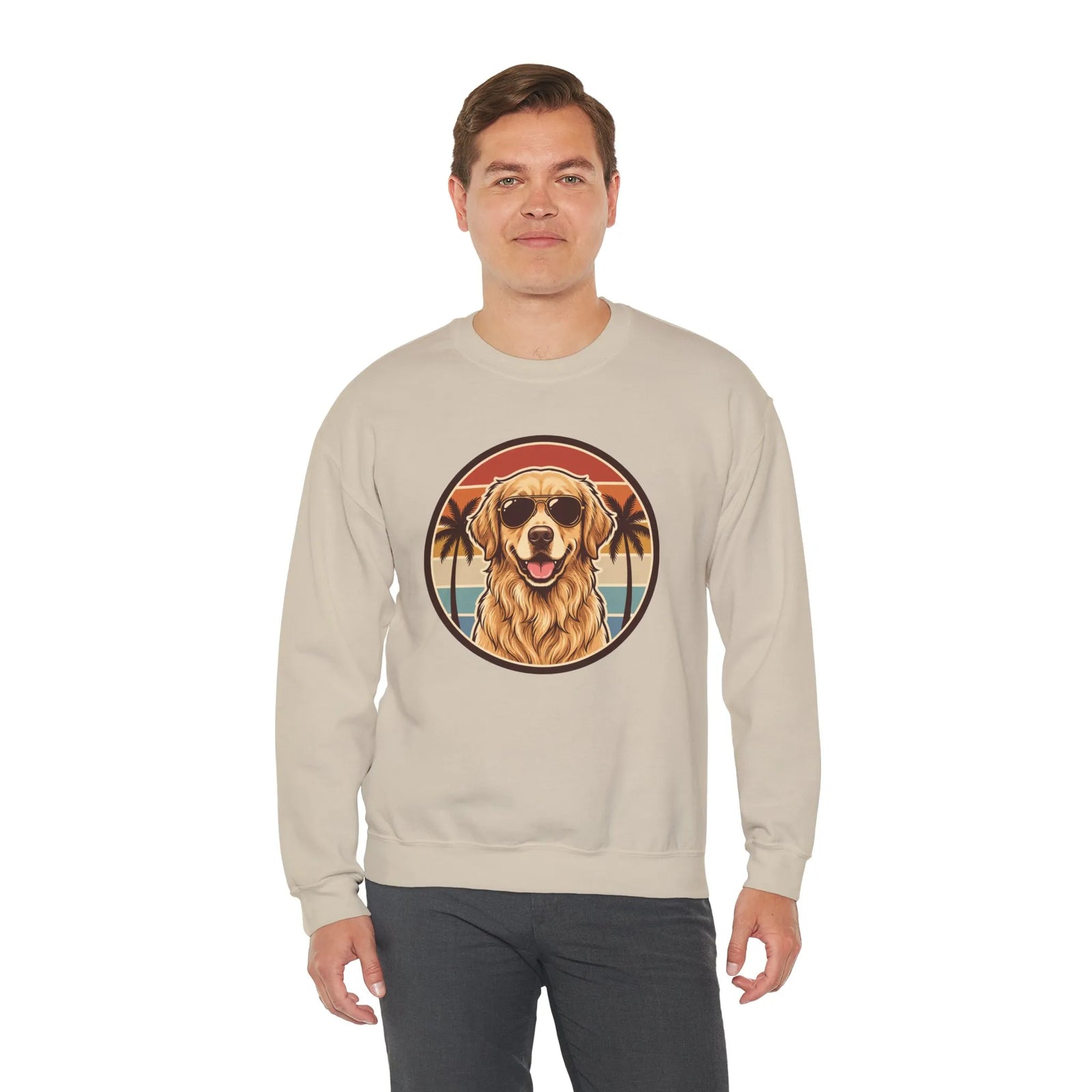 Golden Retriever Sunset Sweatshirt - Heavy Blend Cotton Poly Crewneck - Unisex White