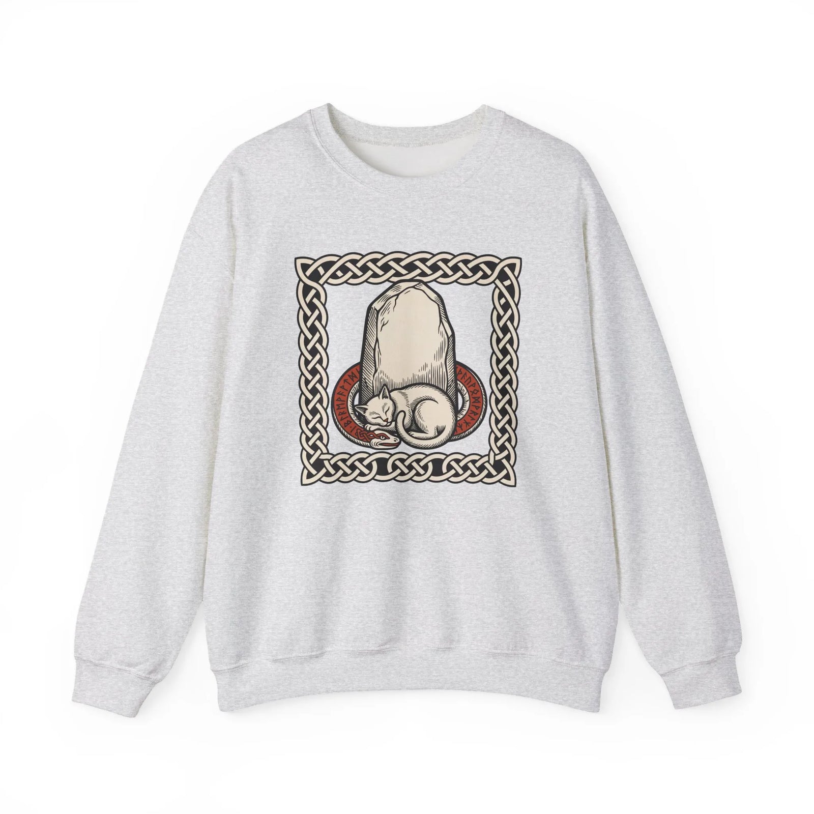 Runestone Cat Norse Woodcut Sweatshirt - Heavyweight Cotton Blend Crewneck - Unisex White