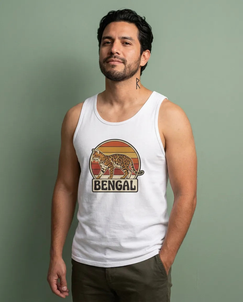 Bengal Cat Retro Sunset Tank Top - Lightweight Cotton Retail Fit - Unisex Athletic Heather