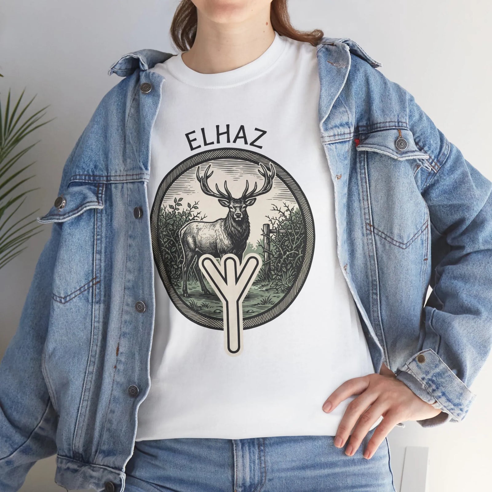 Elhaz Protection Rune Elk Graphic T-Shirt - Heavy Cotton Classic Fit Tee - Unisex White