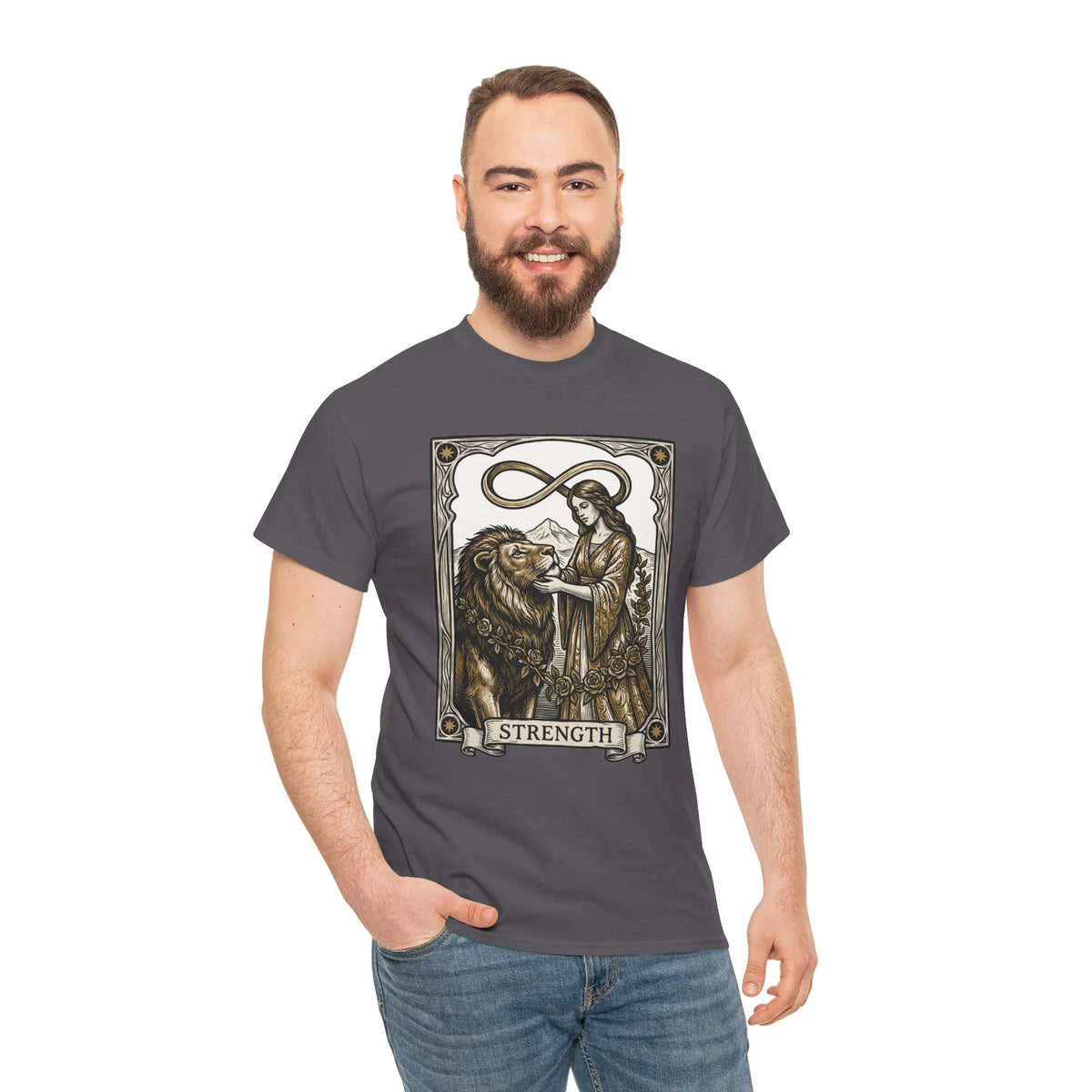 Tarot Strength Card Graphic T-Shirt - Heavy Cotton Classic Fit Crewneck - Unisex White
