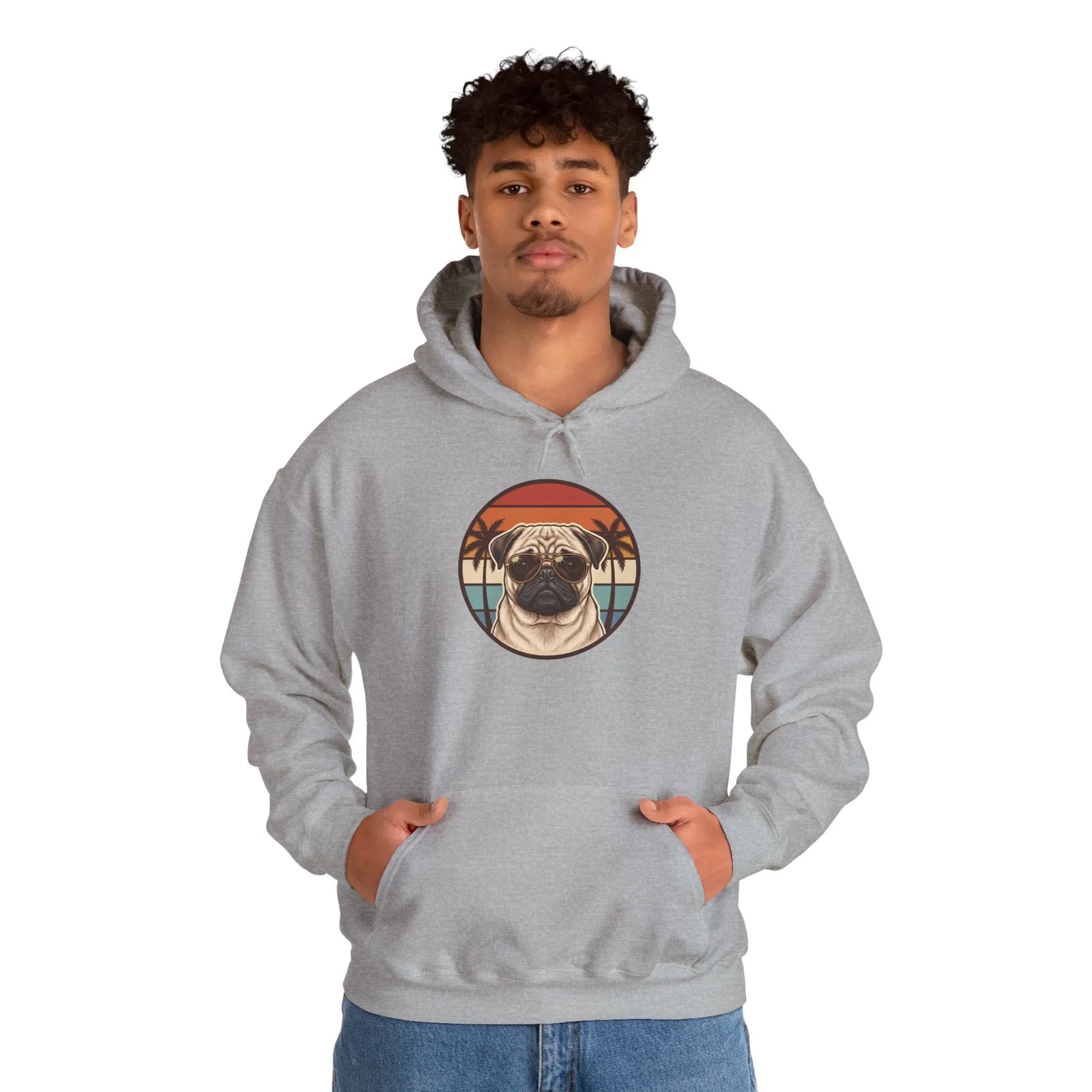 Pug 70s Sunset Aviator Hoodie - Heavyweight Cotton Blend Pullover Hoodie - Unisex White