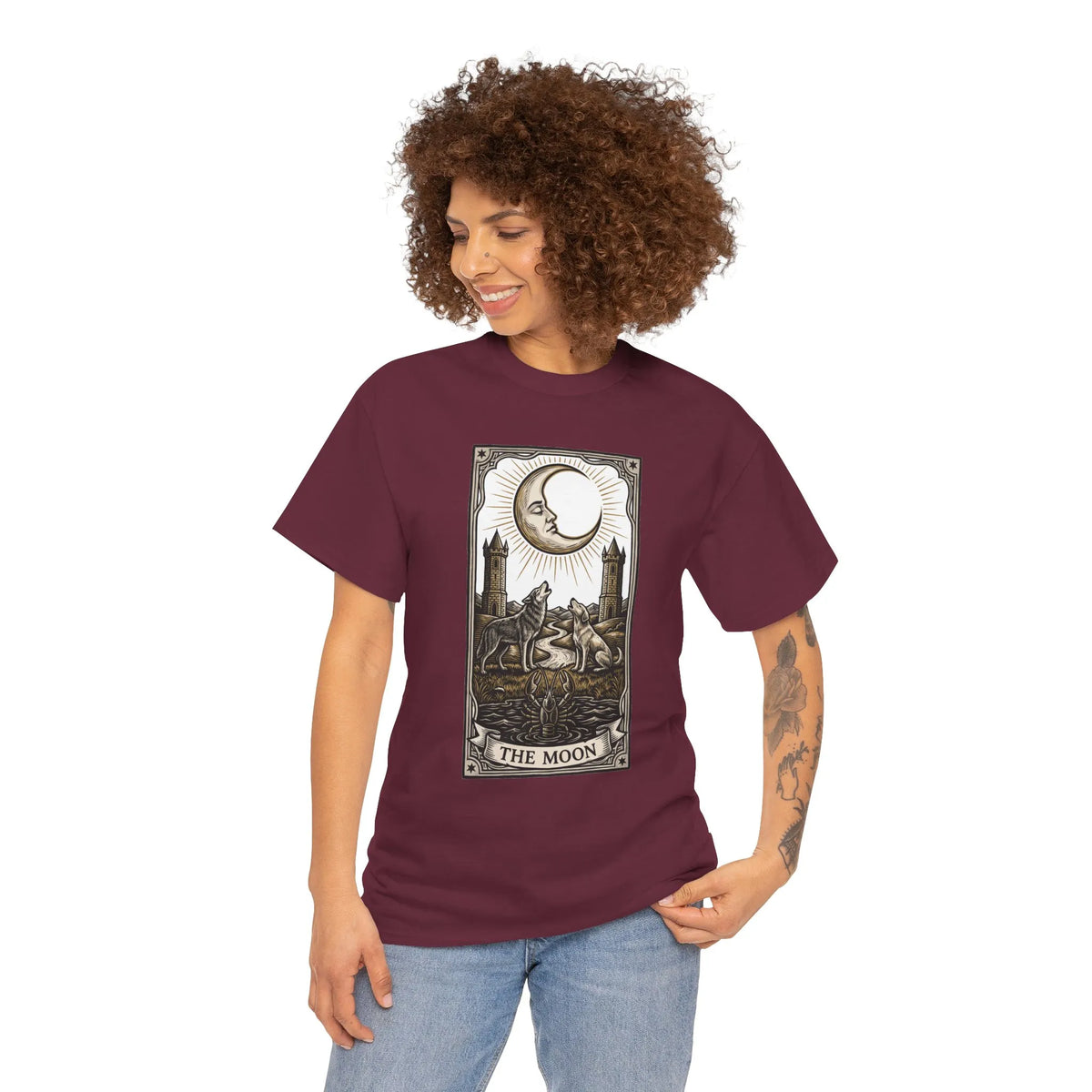 Moonlight Wolves Tarot Graphic T-Shirt - Heavy Cotton Classic Fit Crewneck - Unisex White