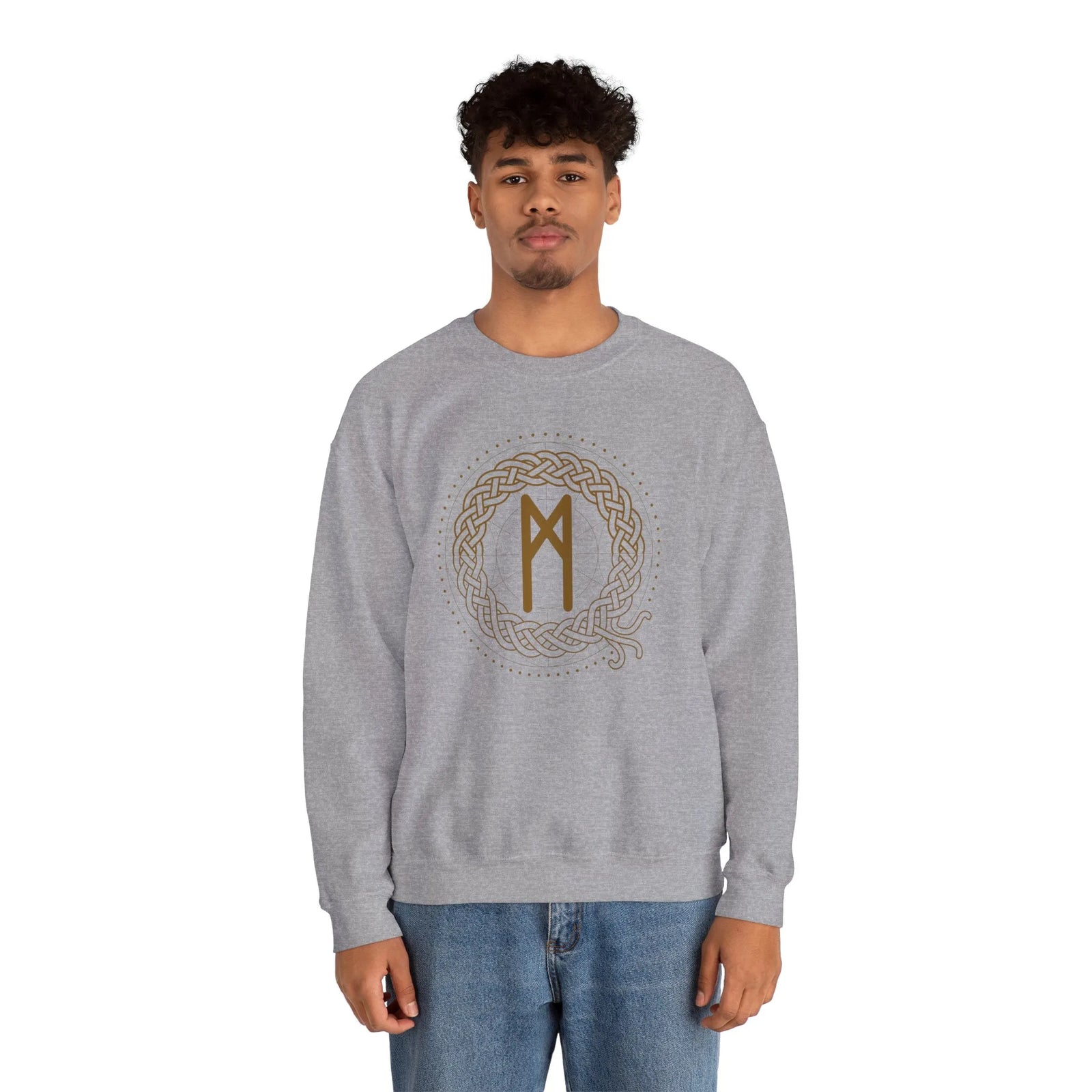 Mannaz Rune Celtic Knot Sweatshirt - Classic Fit Heavy Blend Crewneck - Unisex White