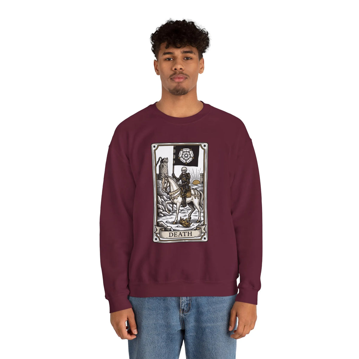 Tarot Death Card Graphic Sweatshirt - Heavy Blend Classic Fit Crewneck - Unisex White