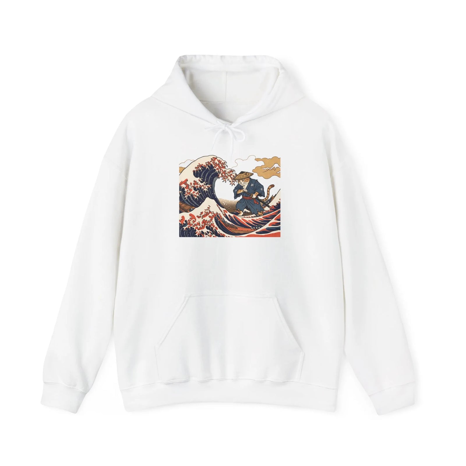 Ronin Wave Samurai Cat Ukiyo-e Hoodie - Heavy Blend Fleece Pullover - Unisex White