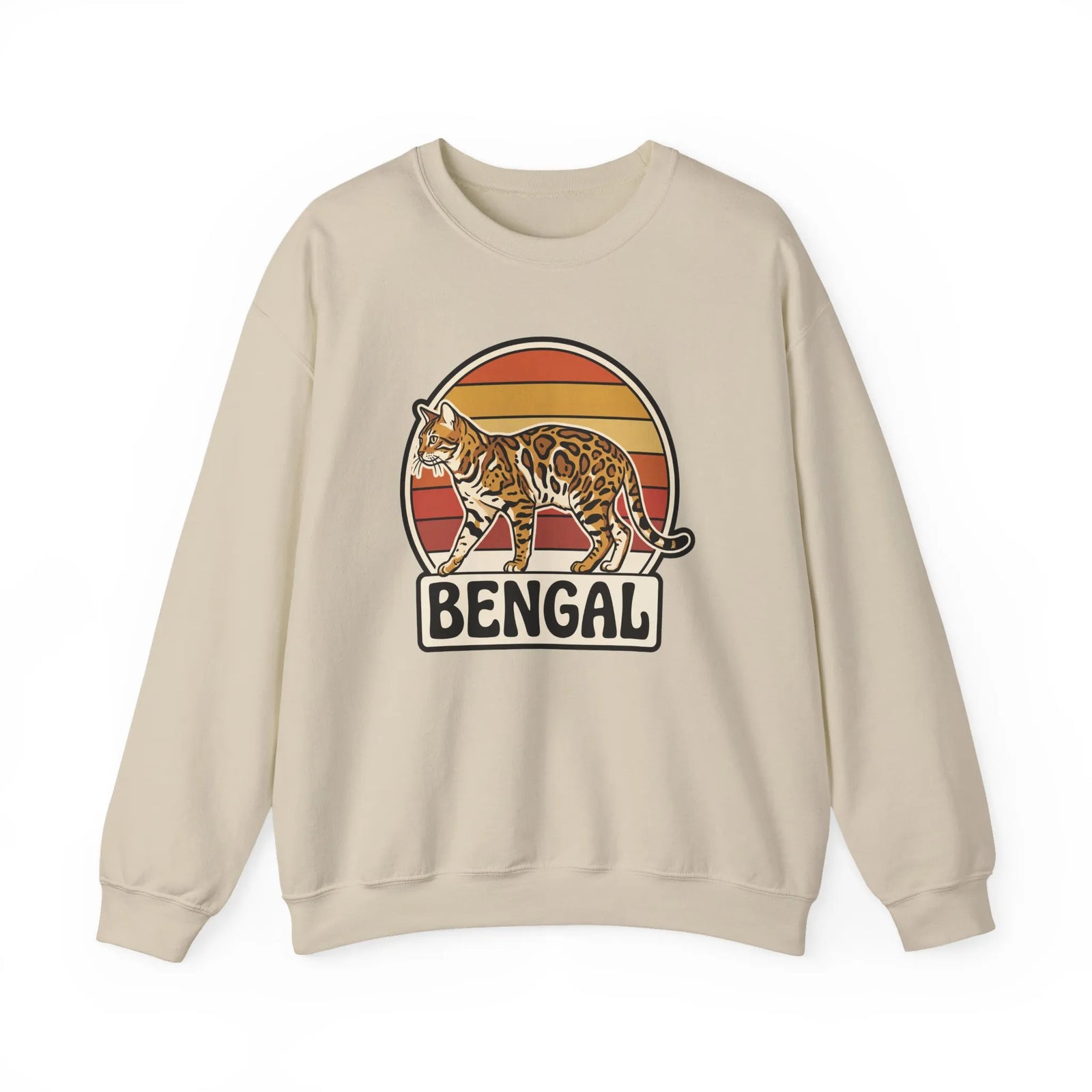 Bengal Cat Retro Sunset Sweatshirt - Classic Fit Heavy Blend Crewneck - Unisex White