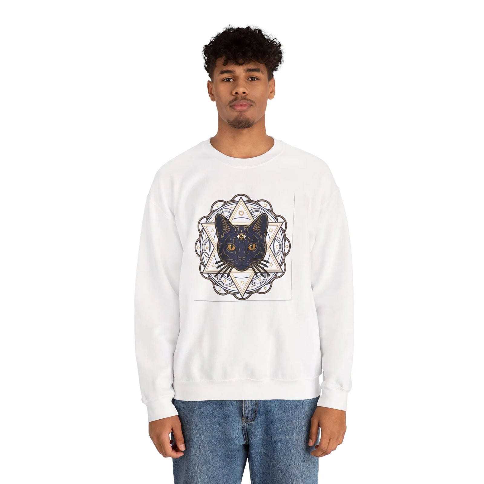Third Eye Sacred Geometry Cat Sweatshirt - Heavy Blend Fleece Crewneck - Unisex White