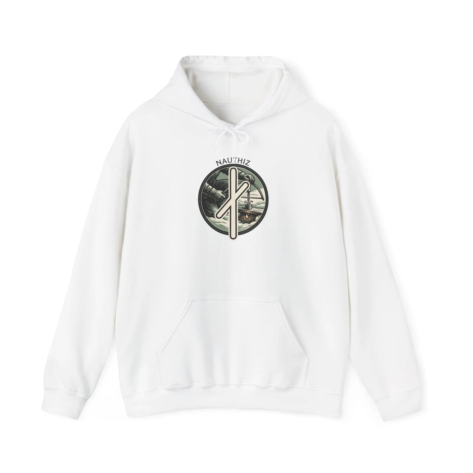 Nauthiz Rune Necessity Graphic Hoodie - Soft Cotton-Poly Fleece Pullover - Unisex White