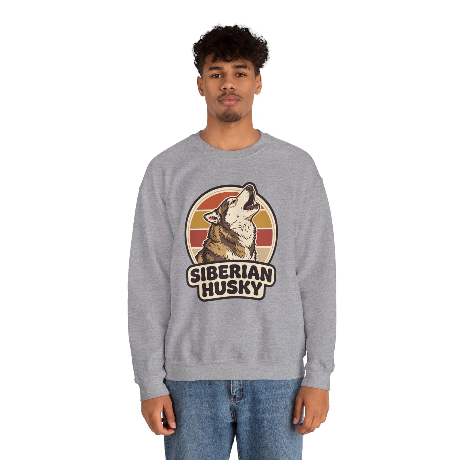 Siberian Husky Retro Sunset Sweatshirt - Heavy Blend Fleece Crewneck - Unisex White