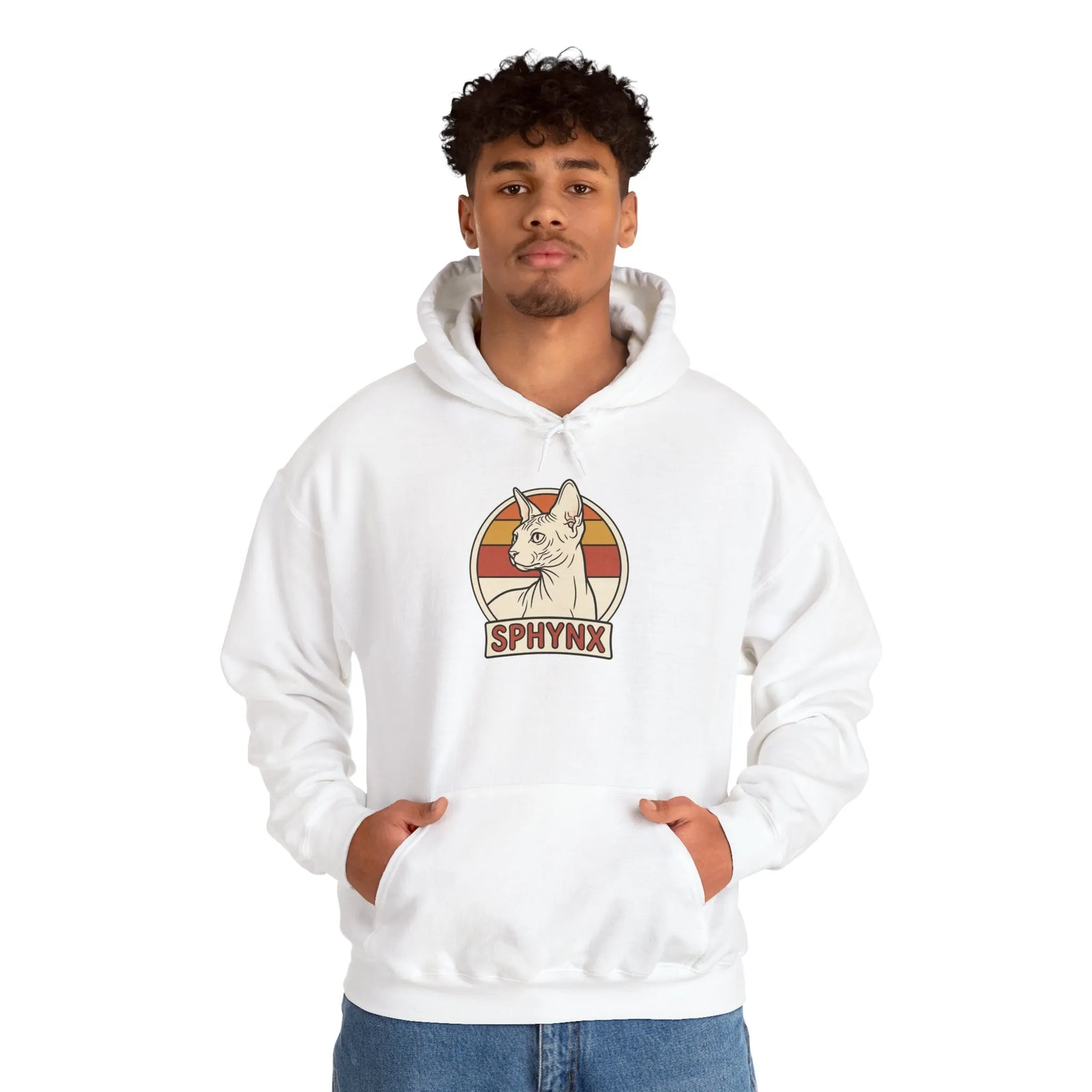 Sphynx Cat Retro Sunset Hoodie - Soft Blend Fleece Pullover - Unisex Ash