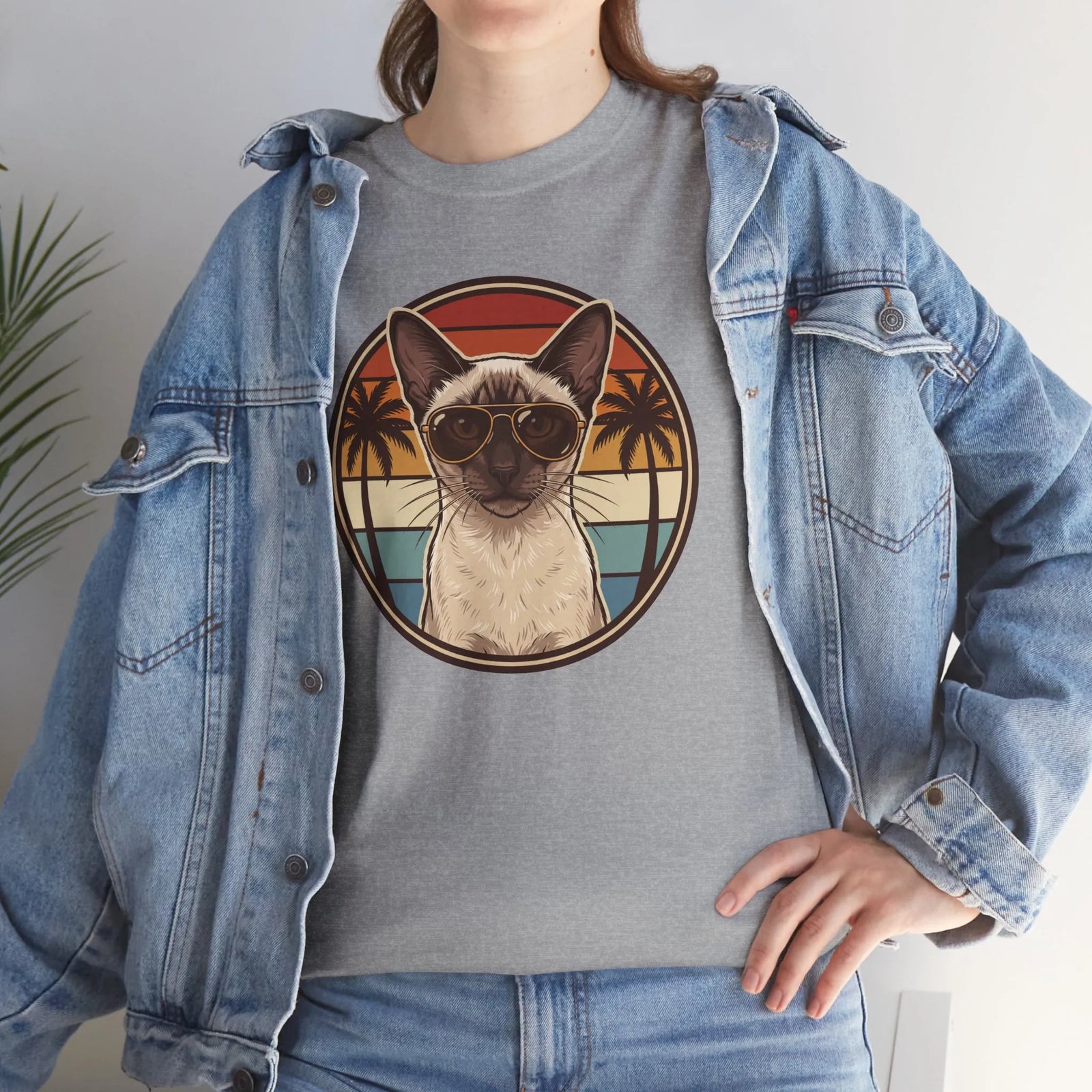 70s Sunset Siamese Cat Aviator T-Shirt - Heavyweight Cotton Classic Fit Tee - Unisex White