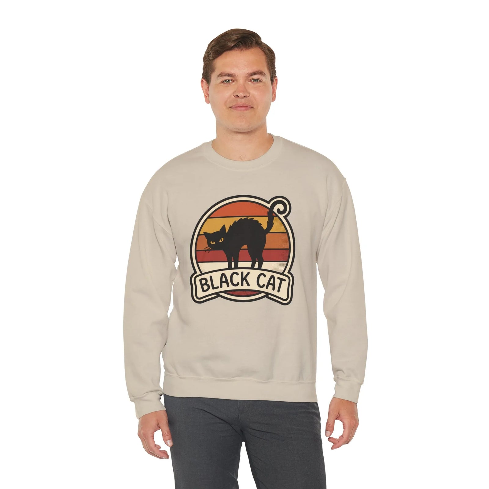 Black Cat Retro Sunset Sweatshirt - Heavy Blend Crewneck Fleece - Unisex White