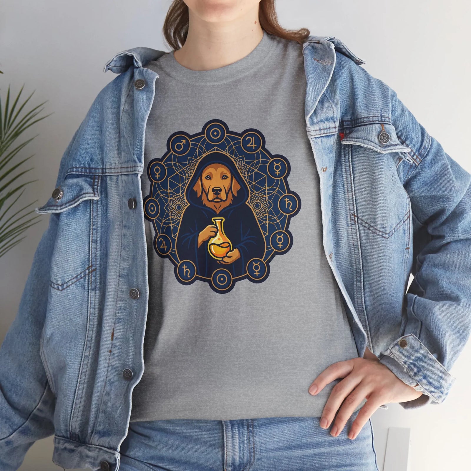 Alchemist Dog Sacred Geometry T-Shirt - Heavy Cotton Classic Fit Tee - Unisex White