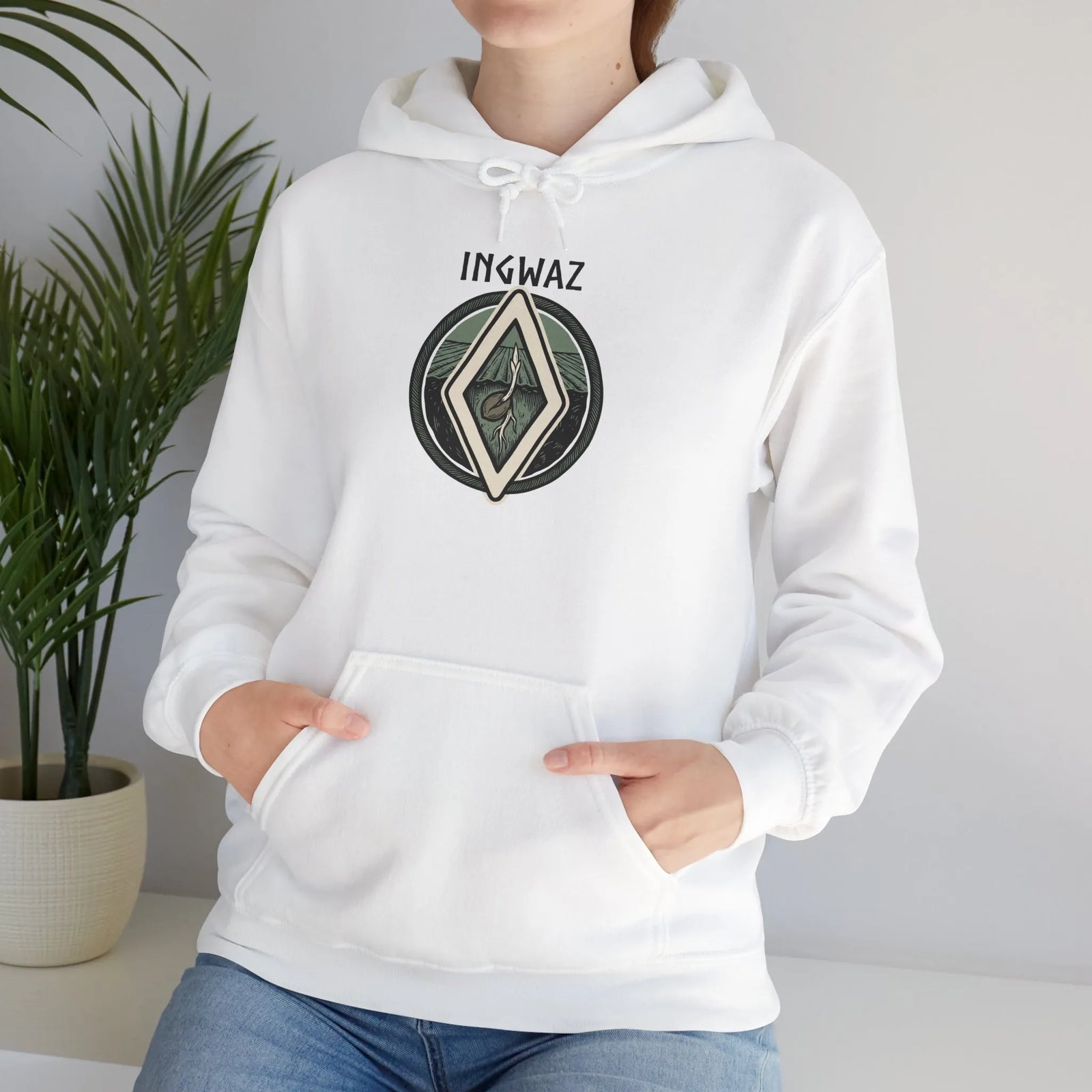 Ingwaz Rune Seed Symbol Hoodie - Heavy Blend Fleece Pullover - Unisex White