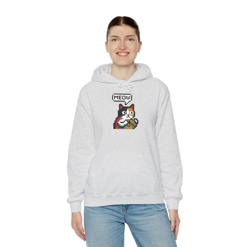 Player One 8-Bit Pixel Gaming Cats Hoodie - Soft Cotton Blend Fleece Pullover - Unisex White