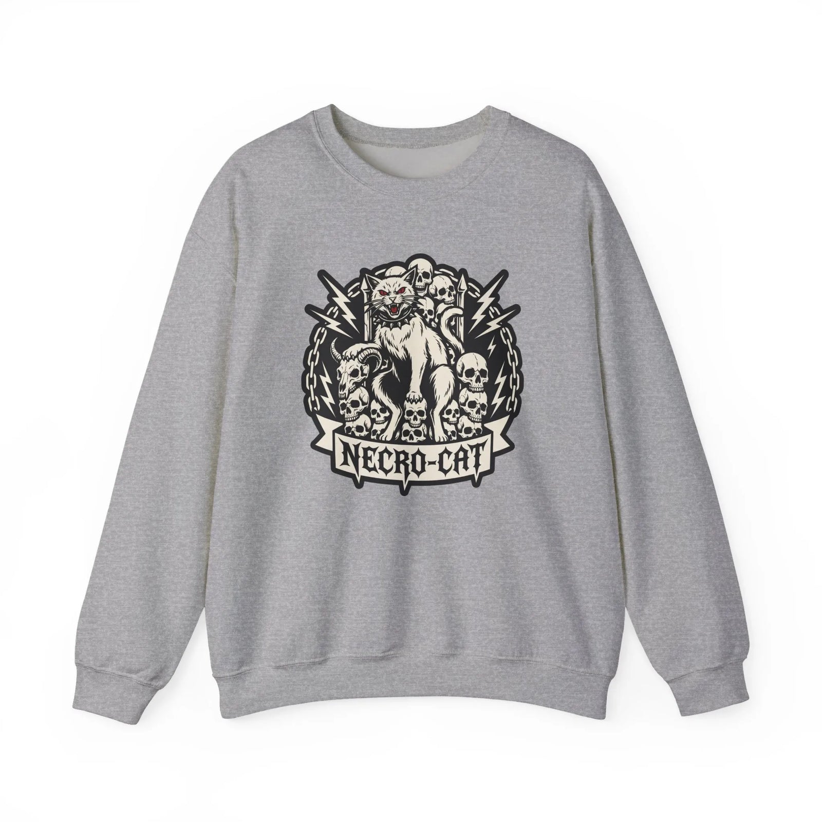 Skull Throne Heavy Metal Cats Sweatshirt - Heavy Blend Fleece Crewneck - Unisex White