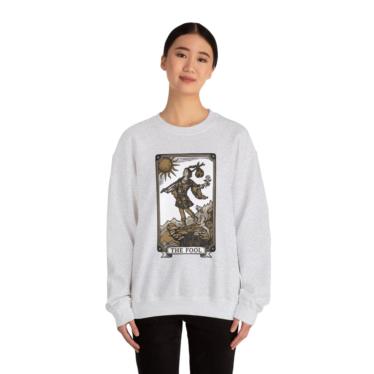 The Fool Tarot Card Graphic Sweatshirt - Heavy Blend Crewneck Fleece - Unisex White
