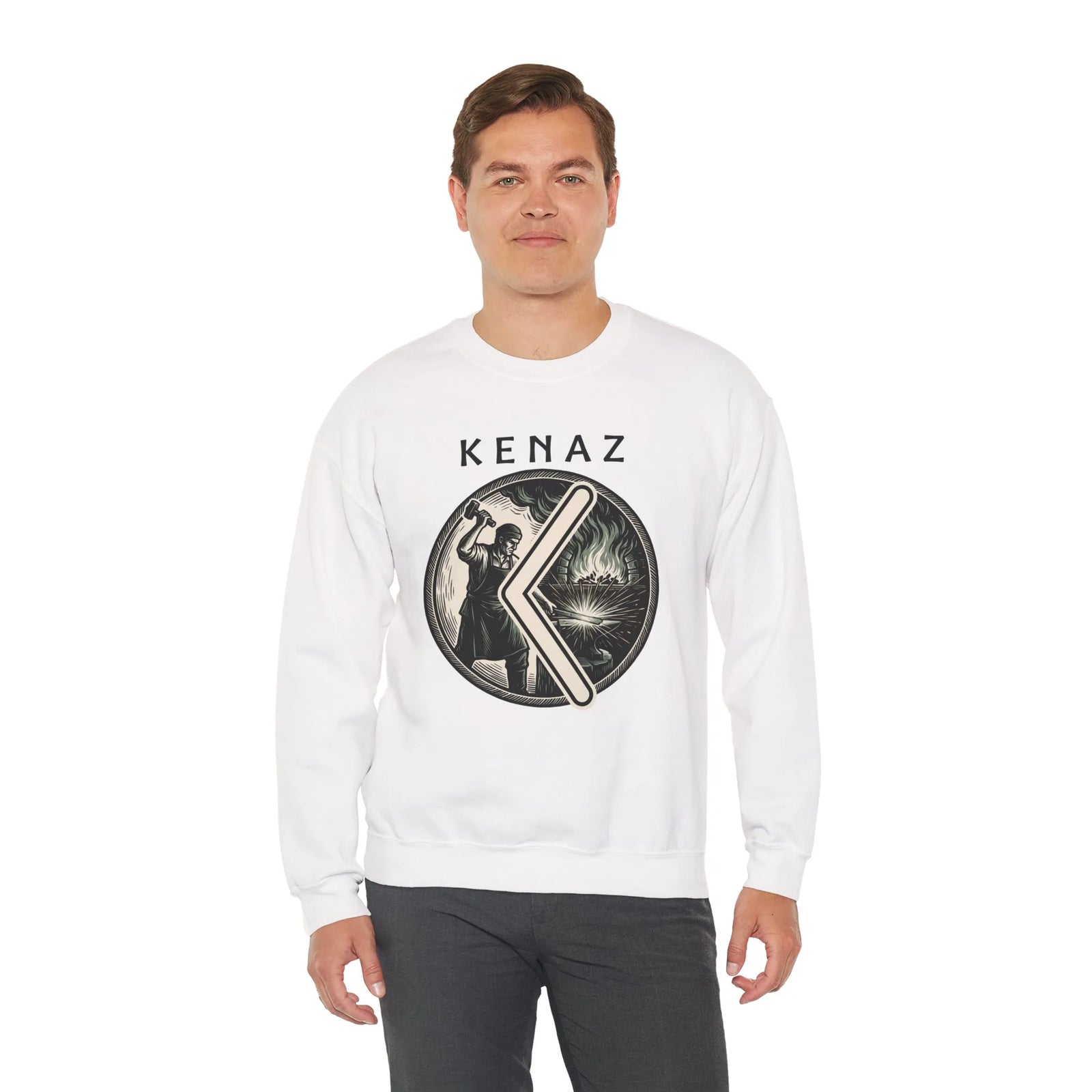 Kenaz Rune Blacksmith Forge Sweatshirt - Soft Cotton Blend Crewneck Fleece - Unisex White
