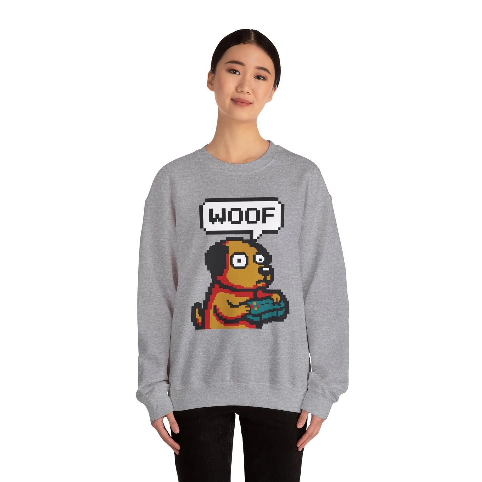 8-Bit Pixel Gaming Dogs Sweatshirt - Heavy Blend Cotton-Poly Crewneck - Unisex White