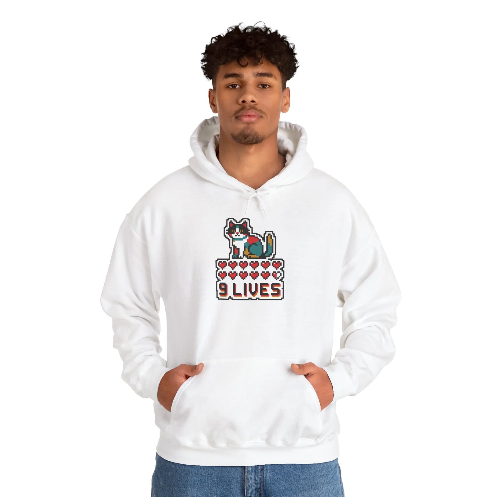 8-Bit Pixel Gaming Cats Hoodie - Heavy Blend Cotton Blend Fleece Pullover - Unisex White