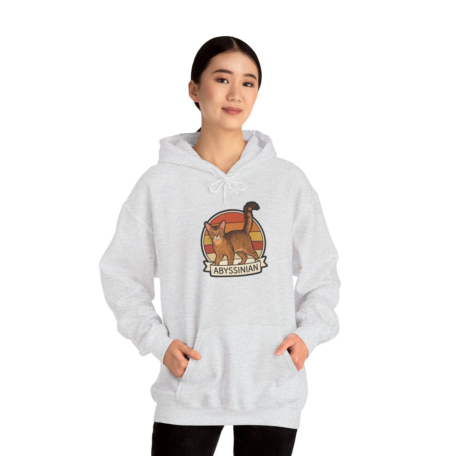 Abyssinian Cat Retro Sunset Hoodie - Heavy Blend Fleece Pullover - Unisex White