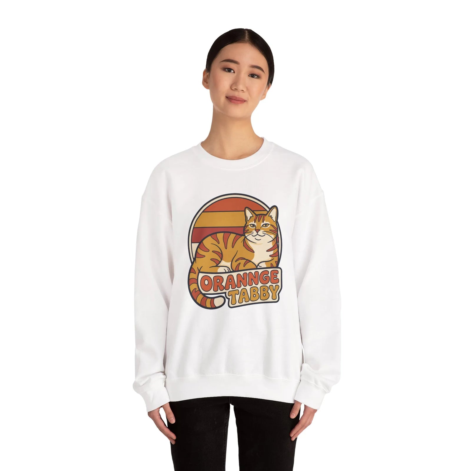 Orange Tabby Retro Sunset Graphic Sweatshirt - Heavy Blend Crewneck Fleece - Unisex White