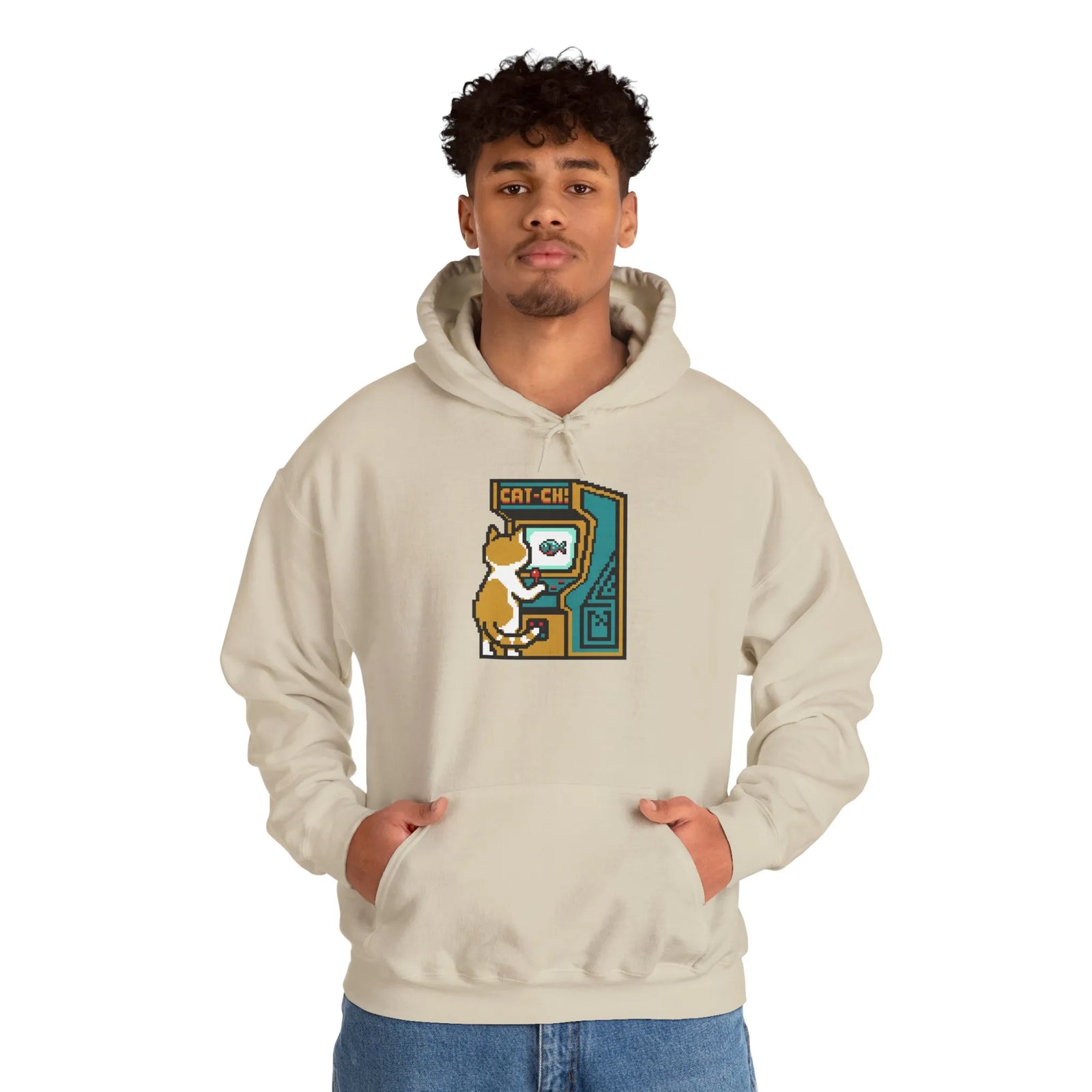 Arcade Gaming Pixel Cat Hoodie - Classic Fit Cotton Blend Pullover - Unisex White