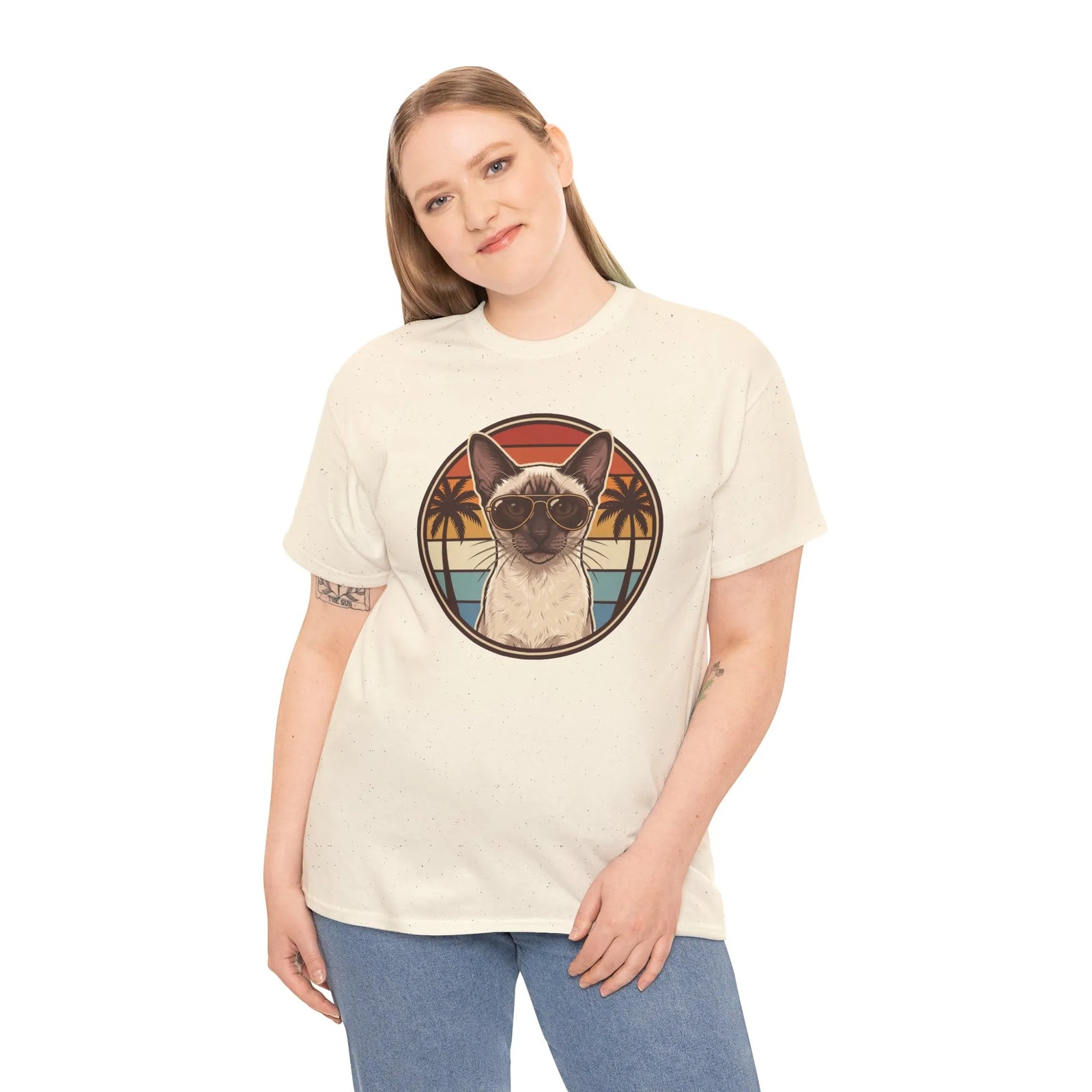 70s Sunset Siamese Cat Aviator T-Shirt - Heavyweight Cotton Classic Fit Tee - Unisex White
