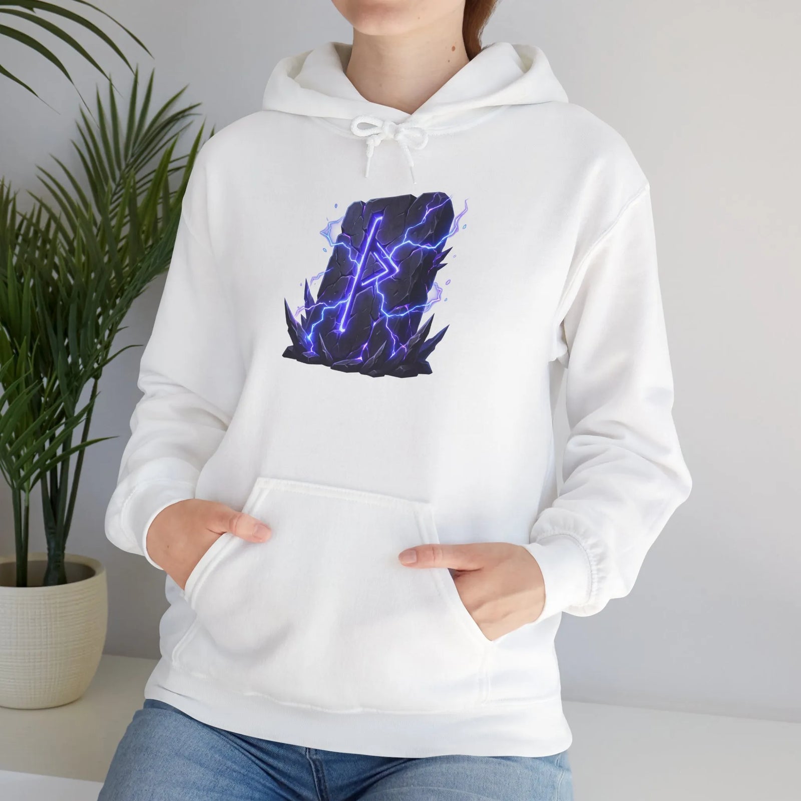 Thurisaz Rune Lightning Graphic Hoodie - Heavy Blend Fleece Pullover - Unisex White