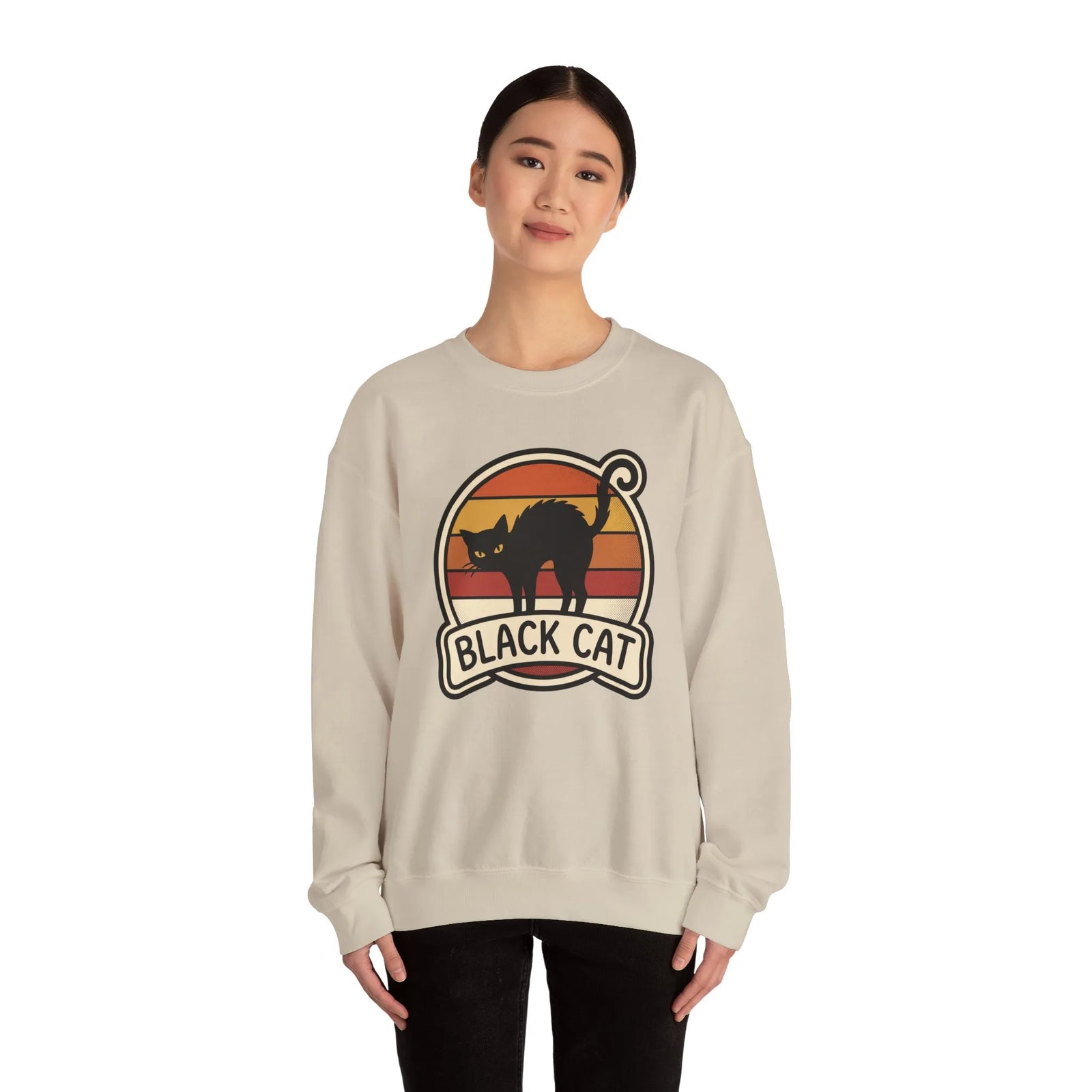 Black Cat Retro Sunset Sweatshirt - Heavy Blend Crewneck Fleece - Unisex White