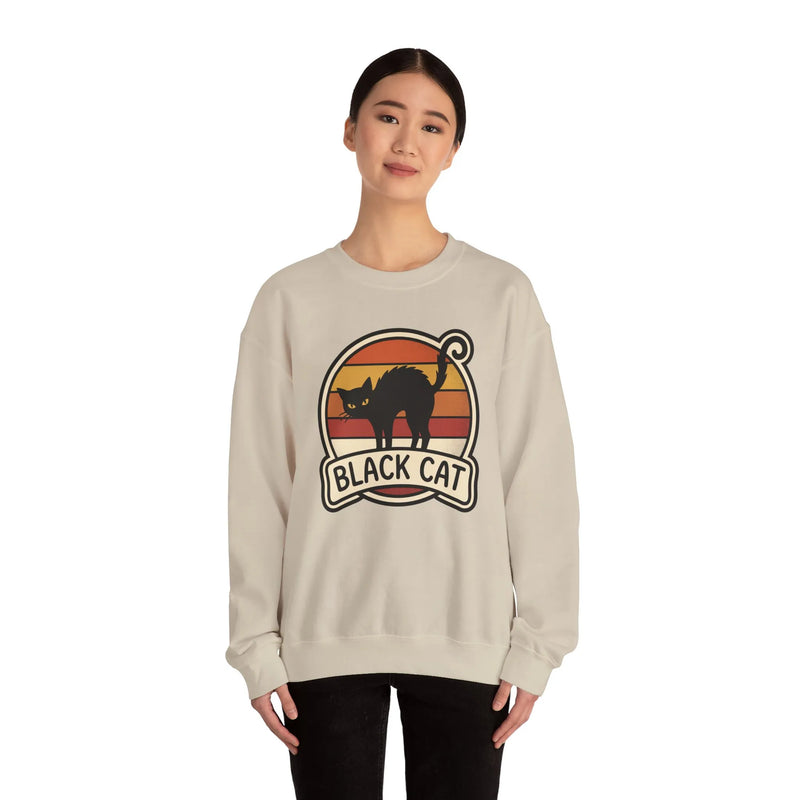 Black Cat Retro Sunset Sweatshirt - Heavy Blend Crewneck Fleece - Unisex White