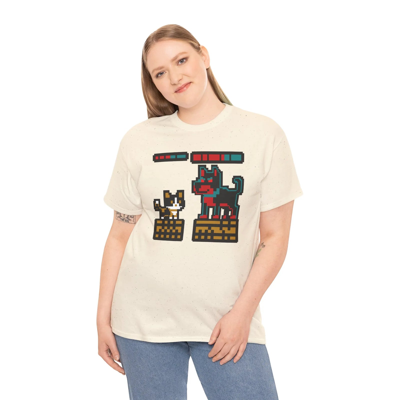 8-Bit Pixel Gaming Cats Boss Fight T-Shirt - Heavy Cotton Classic Fit Tee - Unisex White