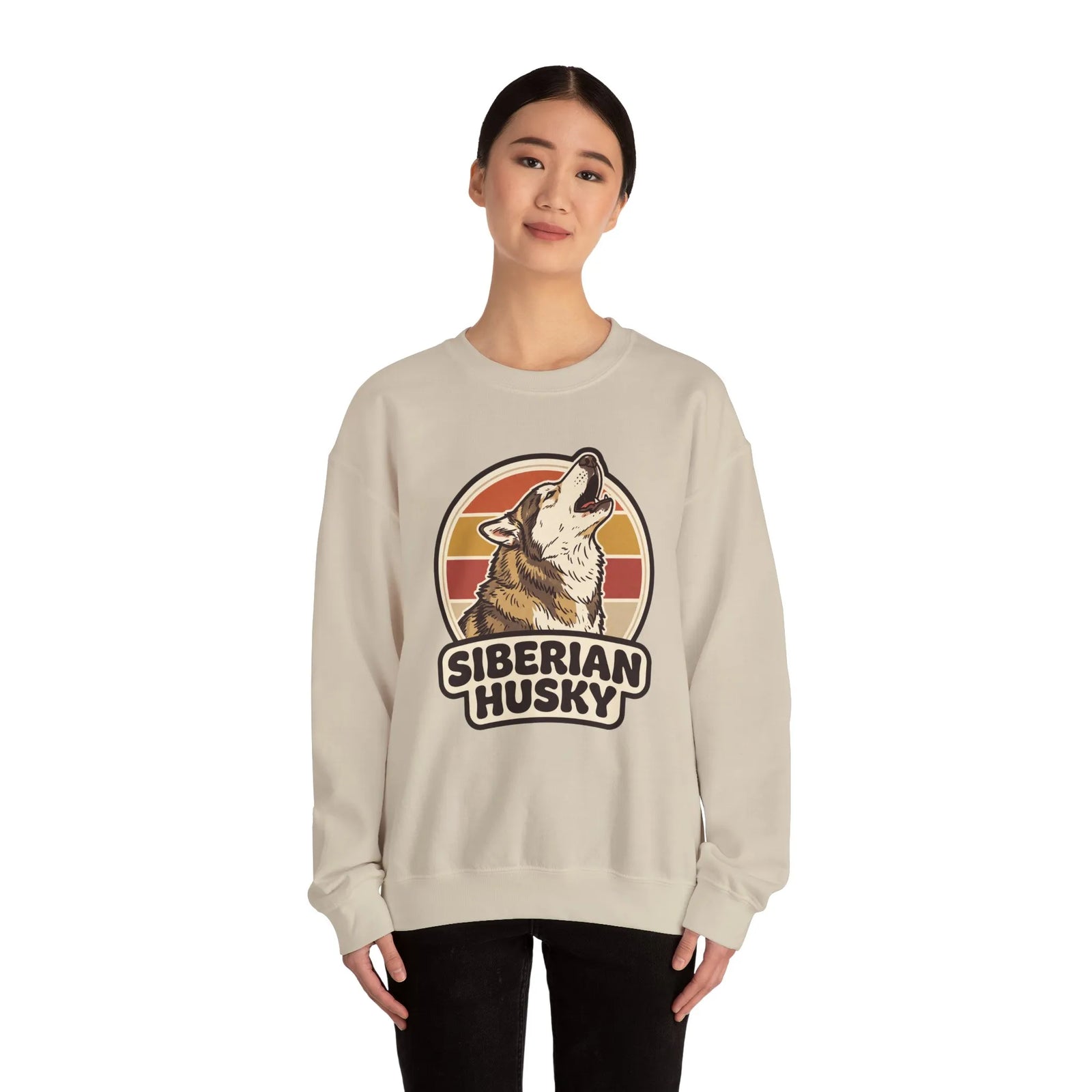 Siberian Husky Retro Sunset Sweatshirt - Heavy Blend Fleece Crewneck - Unisex White