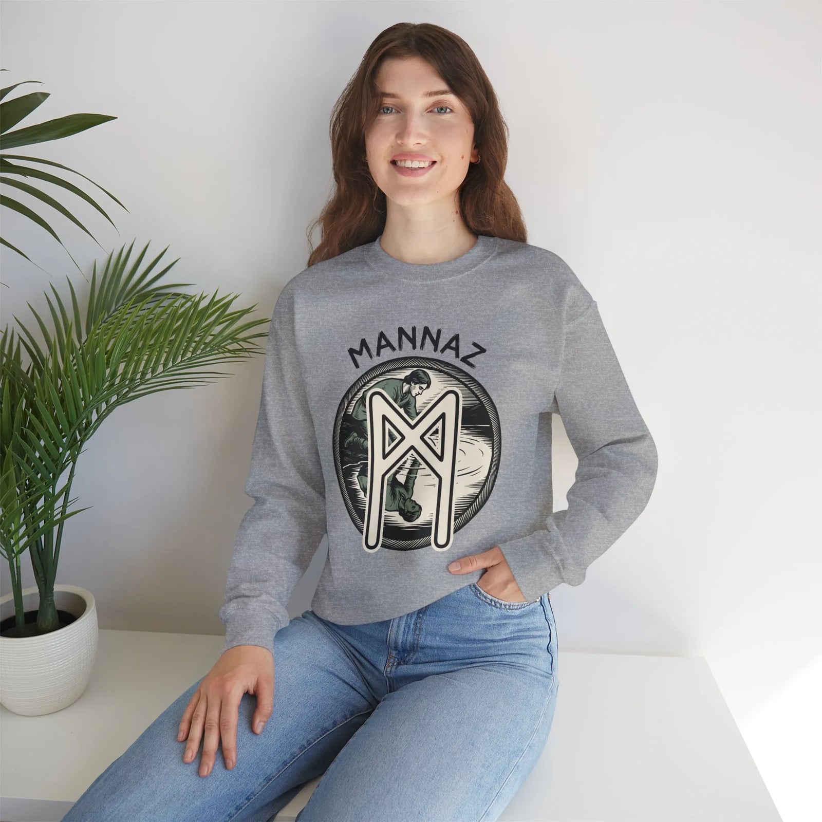 Mannaz Humanity Rune Graphic Sweatshirt - Heavy Blend Fleece Crewneck - Unisex White