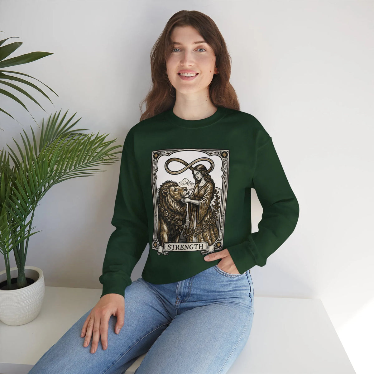 Strength Tarot Card Sweatshirt - Heavy Blend Crewneck Fleece - Unisex White
