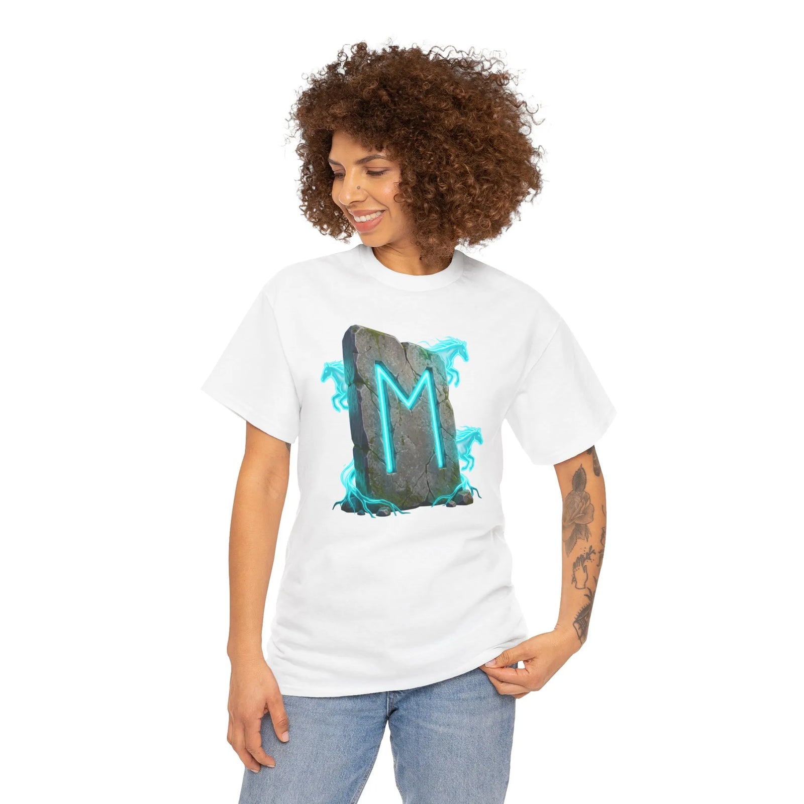 Ehwaz Rune Twin Horse T-Shirt - Heavyweight 100% Cotton Classic Tee - Unisex White