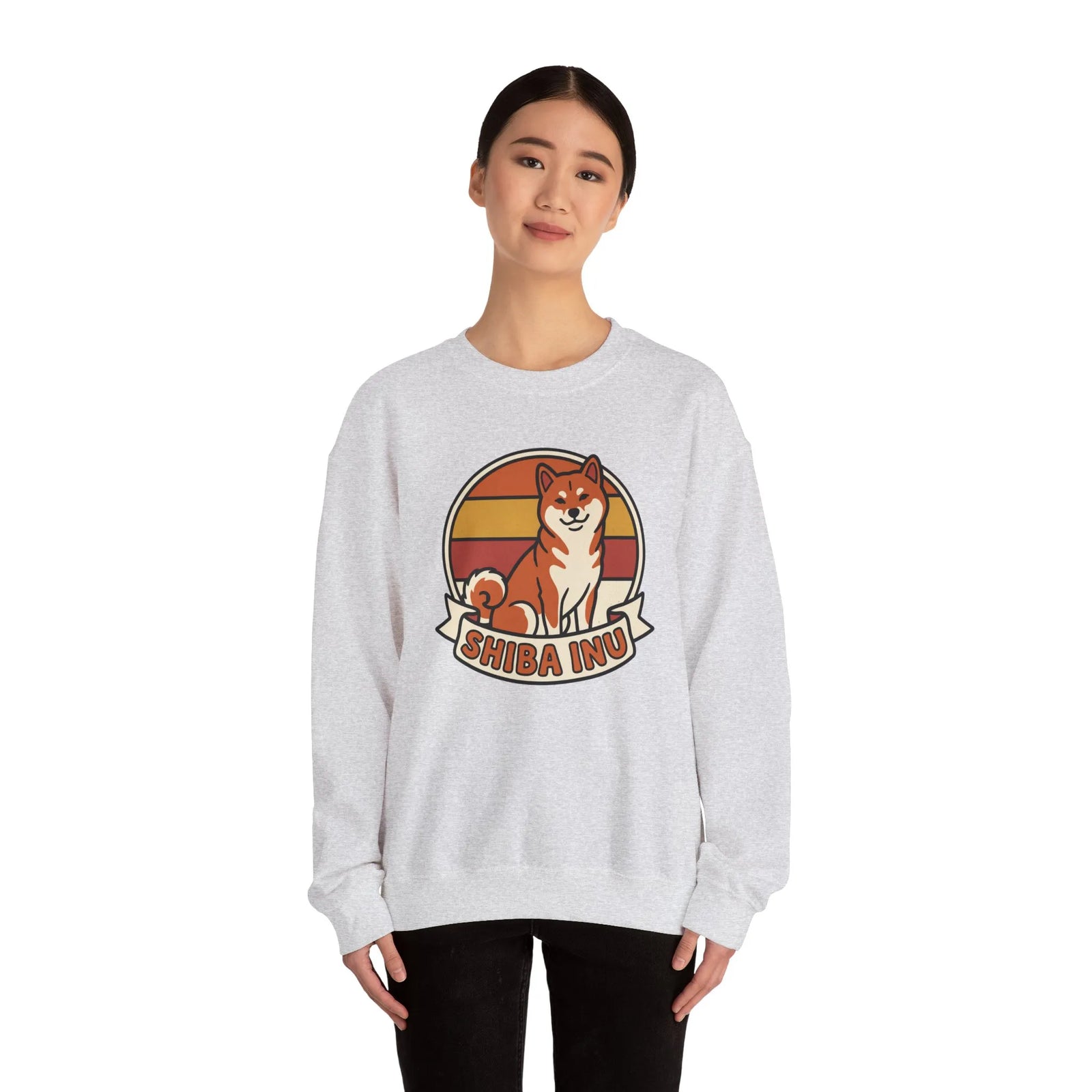 Shiba Inu Retro Sunset Graphic Sweatshirt - Heavy Blend Fleece Crewneck - Unisex White