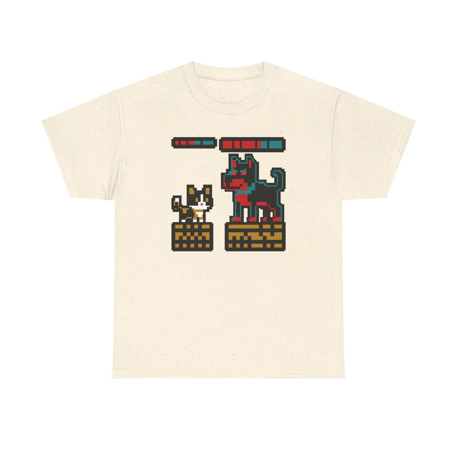 8-Bit Pixel Gaming Cats Boss Fight T-Shirt - Heavy Cotton Classic Fit Tee - Unisex White