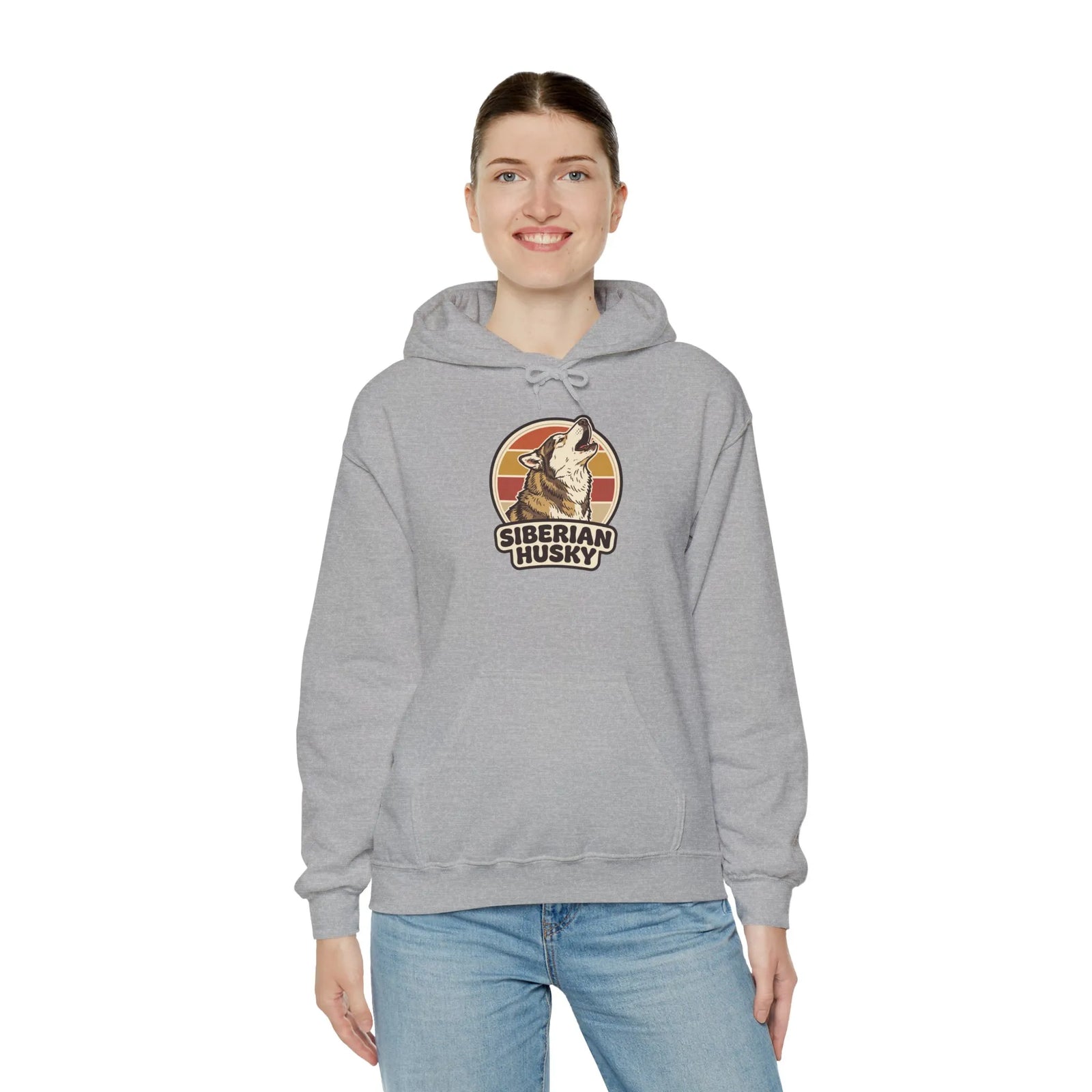 Siberian Husky Retro 70s Sunset Hoodie - Medium-Heavy Fleece Pullover - Unisex Ash
