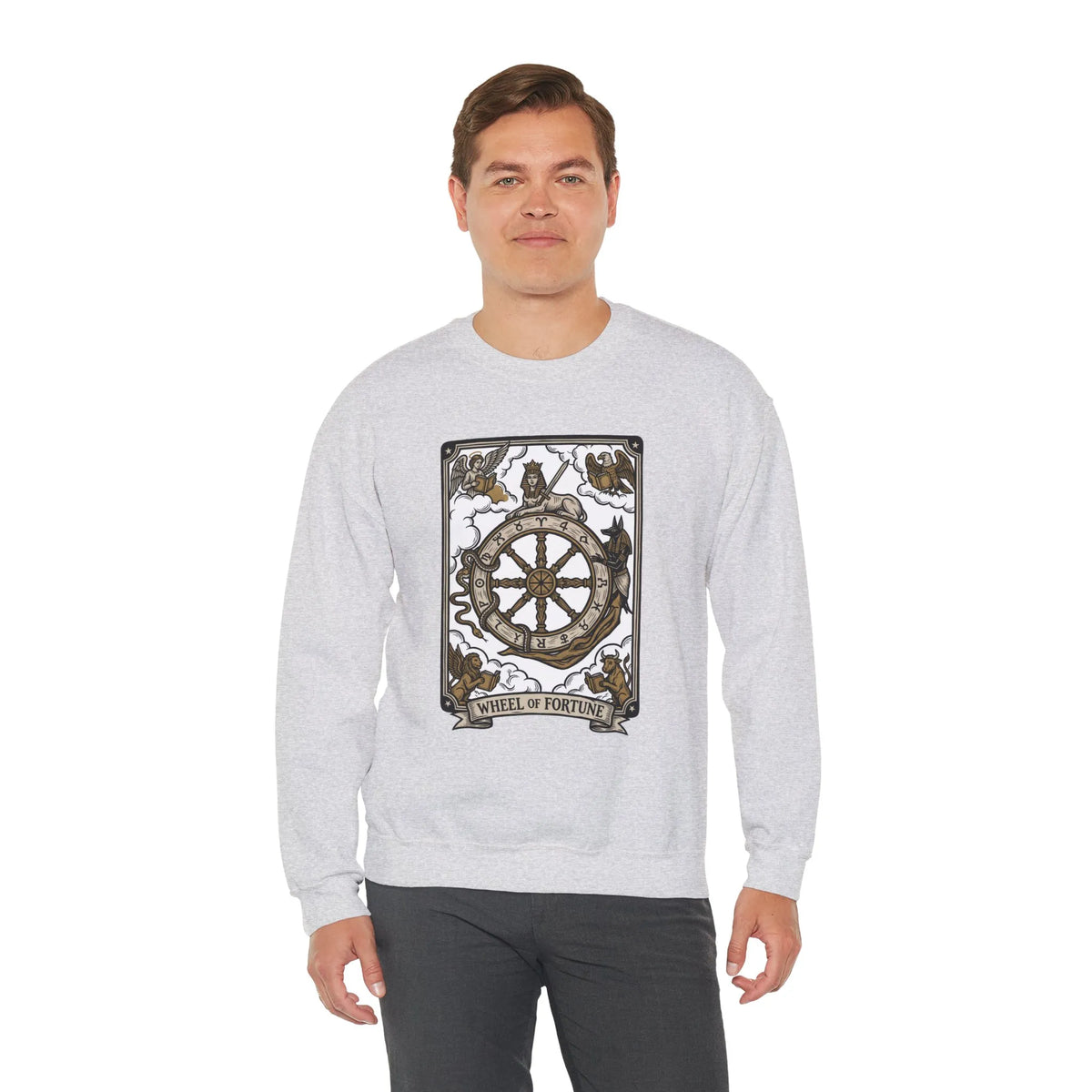 Wheel of Fortune Tarot Card Sweatshirt - Heavy Blend Crewneck Fleece - Unisex White