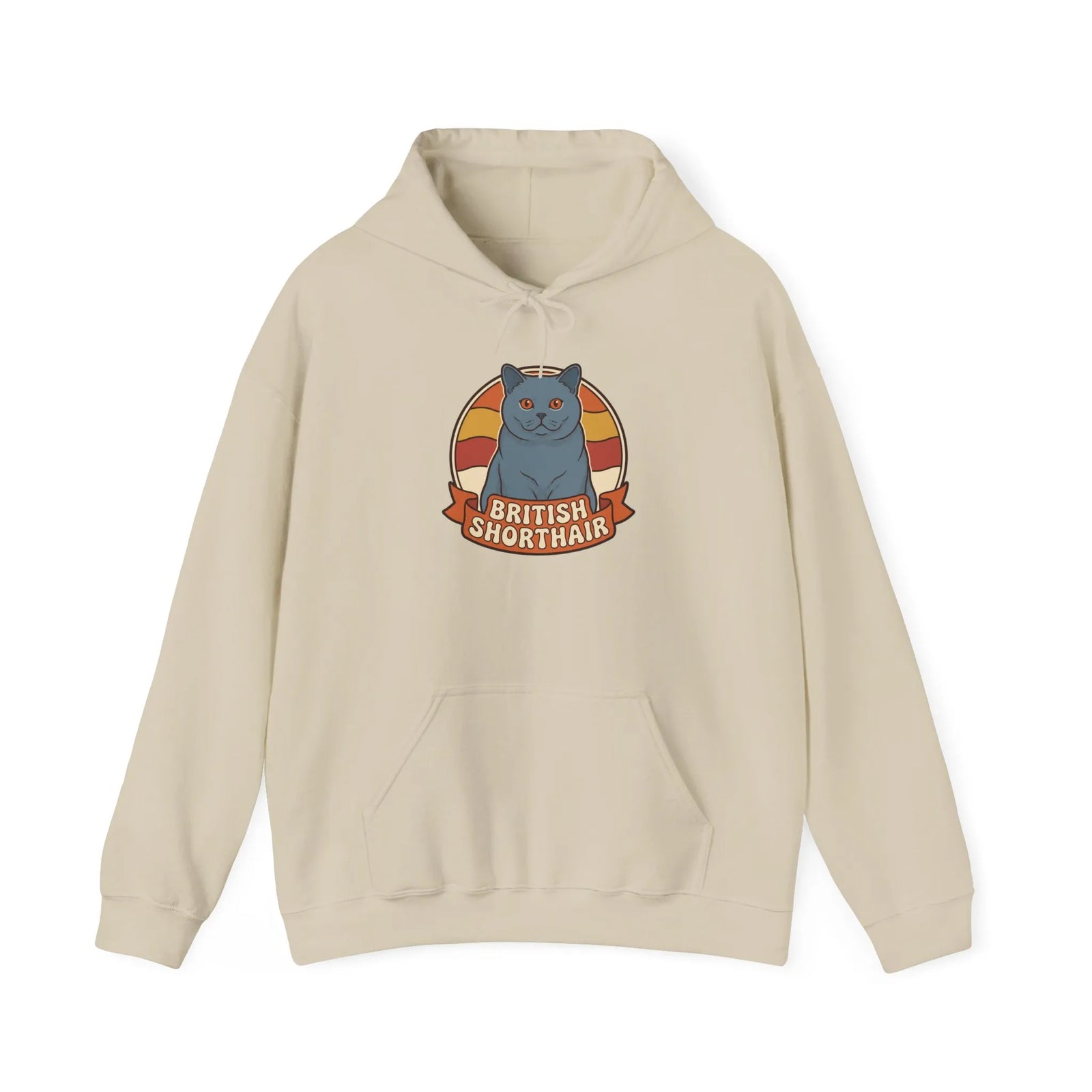 British Shorthair Retro Sunset Hoodie - Cozy Cotton Blend Pullover - Unisex White