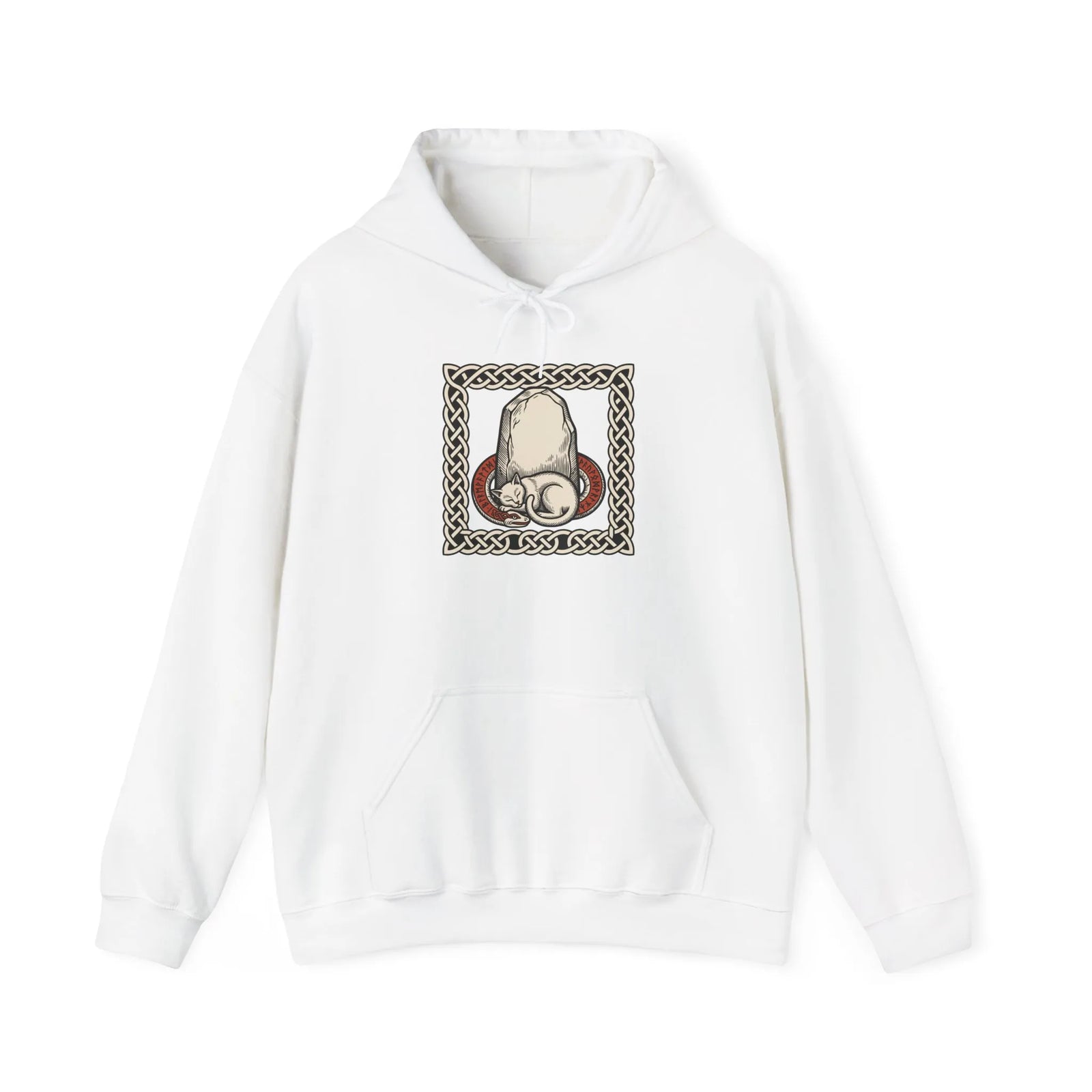 Runestone Cat Norse Woodcut Hoodie - Soft Cotton Blend Fleece Pullover - Unisex White