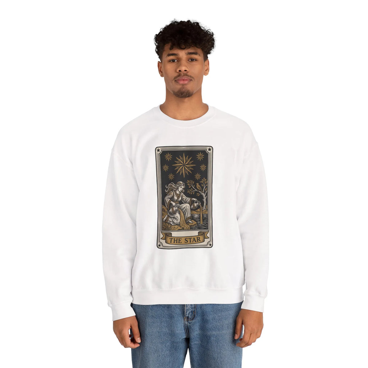The Star Tarot Card Sweatshirt - 50/50 Cotton Polyester Crewneck - Unisex White
