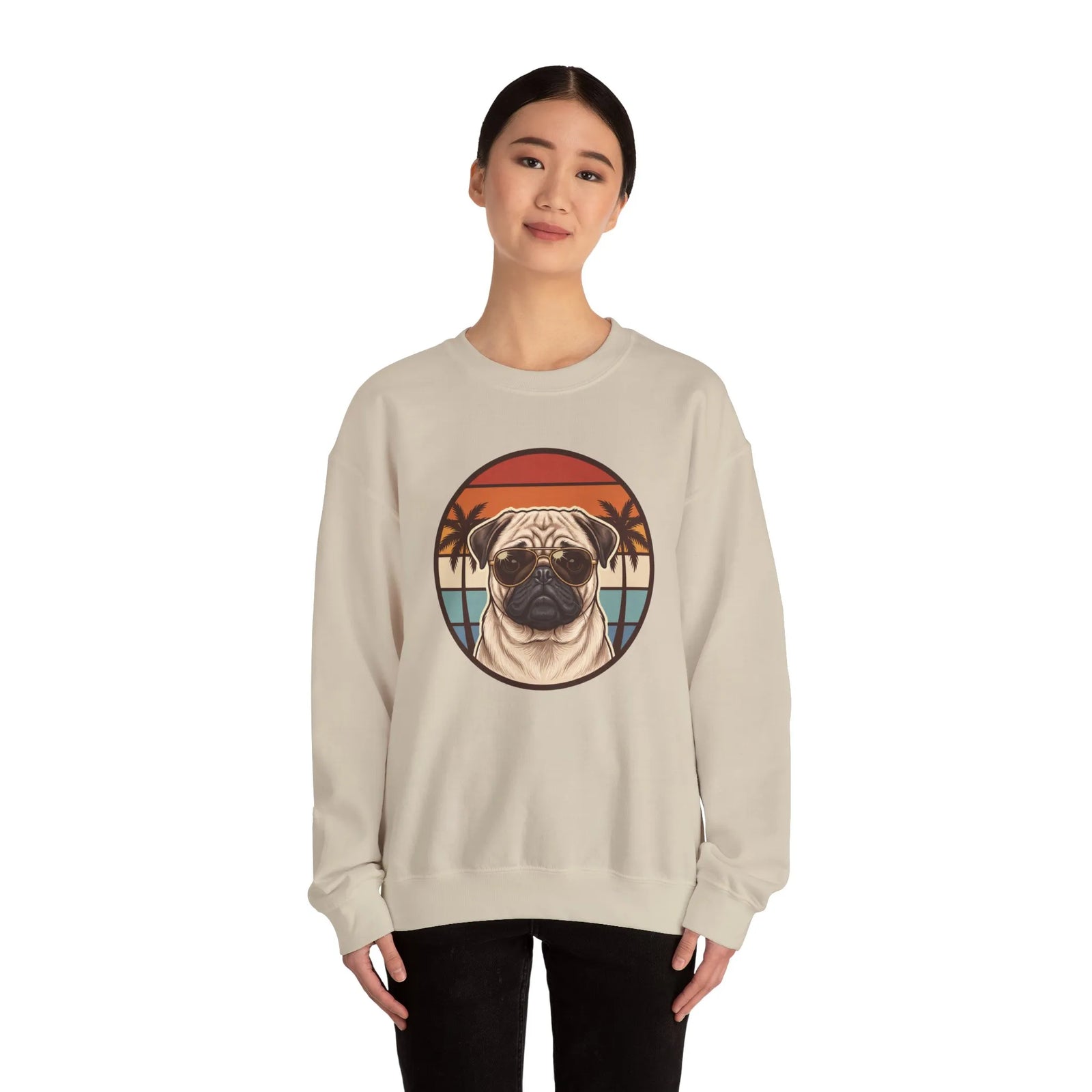 Pug Aviator Dog 70s Sunset Sweatshirt - Heavy Blend Fleece Crewneck - Unisex White