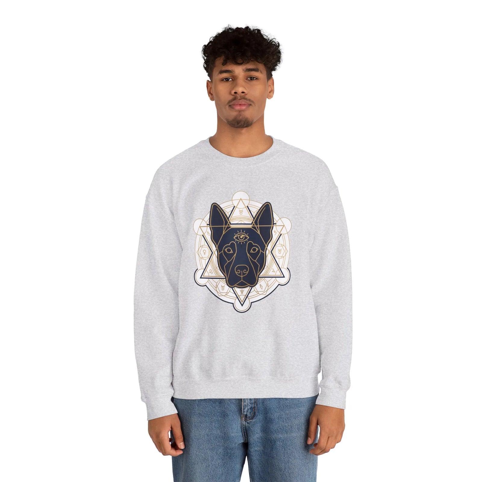 Third Eye Sacred Geometry Spirit Dog Sweatshirt - Heavy Blend Cotton Polyester Crewneck - Unisex White